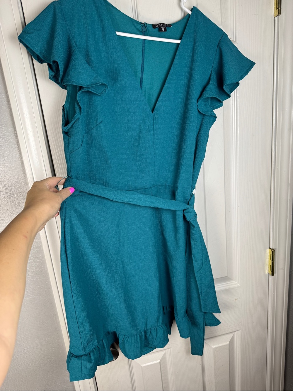 VENUS Teal Ruffle-Sleeve V-Neck  Romper Size 12 Stretch - Picture 2 of 14